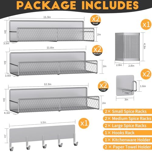 Magnetic Spice Rack for Refrigerator, 10 Pack 100% Metal Strong Magnet Shelf, Moveable Spice Organizer W/ Adjustable Paper Towel Holder, Hook Rack & Utensil Caddy, Home Kitchen Laundry Storage, Grey