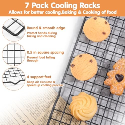 7PCS Carbon Steel Cooling Racks 16"x10", Heavy Duty Wire Baking Rack for Cooking, Roasting, Grilling and Drying, Oven Safe Nonstick Cookie Rack, Fits Half Sheet Pan, Dishwasher Safe