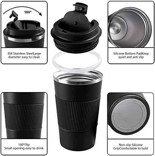 YINBAOGE Insulated Travel Coffee Mug, Spill & Leak Proof, Portable To Go Camping Stainless Steel Coffee Tumbler, Reusable Thermal Coffee Cup with Lid for Hot & Cold Drinks (Black, 12 OZ) (Pack of 4)