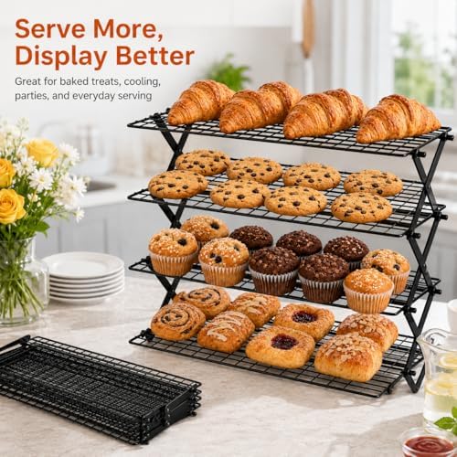 4-Tier Collapsible Cooling Rack, Cooling Rack for Baking, Cookie Rack, Outdoor Camping Food Shelf, Heavy Duty, Ideal for Cake, Bread, Cookies, Barbecue