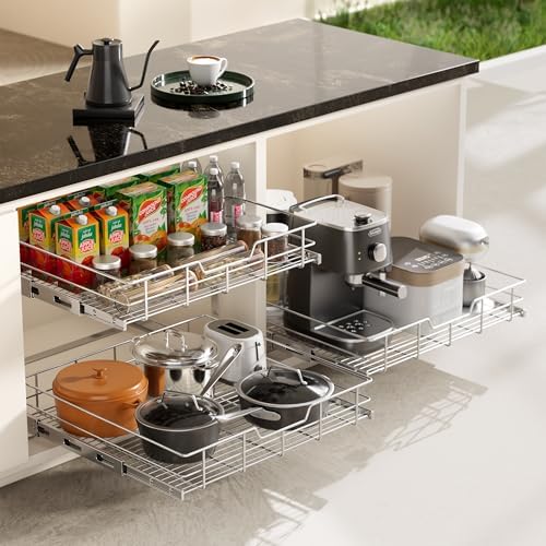2 Tier Pull Out Cabinet Organizer 9" W X 22" D, Chromed, Full Slide Out