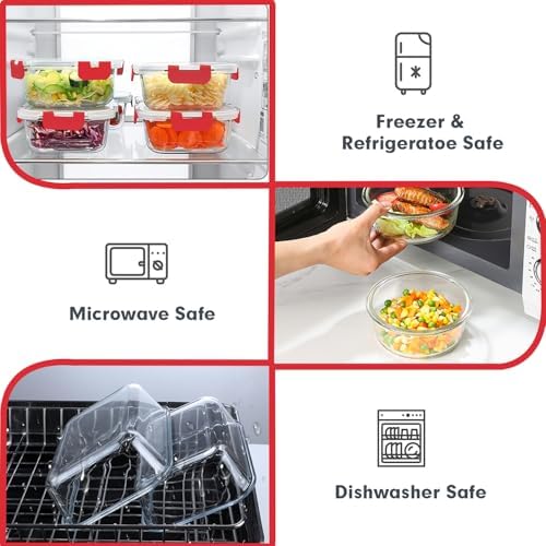 VERONES 30 Pieces Glass Food Storage Containers Set with Lids, Red