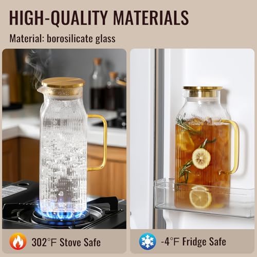 2 Liter/68 oz Square Glass Pitcher with Lid, Classic Stripes Water Pitchers with Handle for Fridge, Large Jug for Iced Tea, Coffee, Borosilicate Glass Carafe for Hot/Cold Brew Drink, Gold