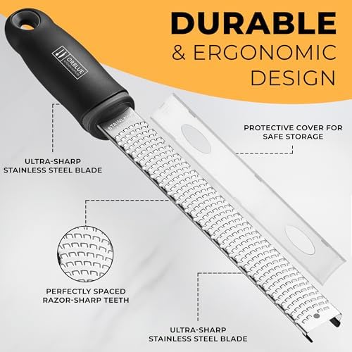 Orblue Lemon Zester & Cheese Grater - Premium Citrus Zester, Kitchen Grater for Parmesan, Chocolate, Fruits, Vegetables, Ginger, Garlic, Nutmeg - Stainless Steel Blades with Protective Cover, Black
