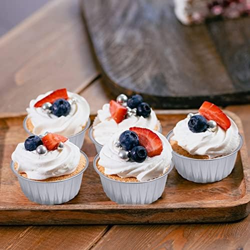 100Pcs Aluminum Cups with Lids,5oz Disposable Ramekin Baking Cups Muffin Liners Mini Pie Pans Foil Cupcake Containers for Christmas Party Wedding,Silver