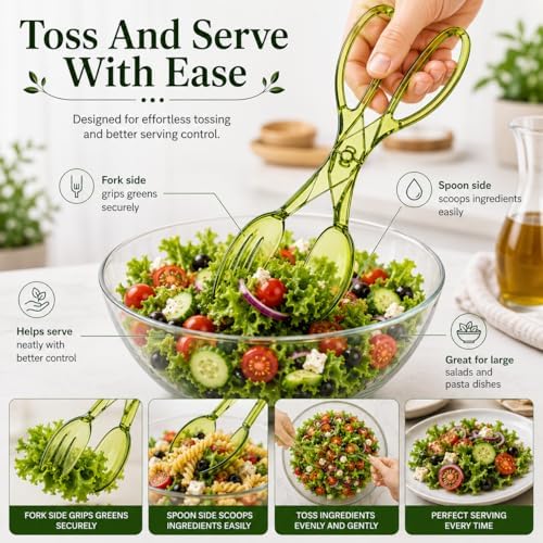 HIC Kitchen Salad Tong, Hinged Design, Detachable Fork and Spoon Green