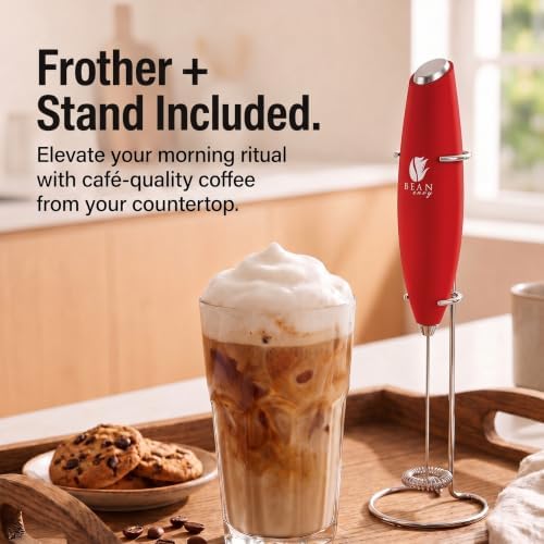 Bean Envy Milk Frother Handheld - Coffee Mixer Wand with Stand - Red