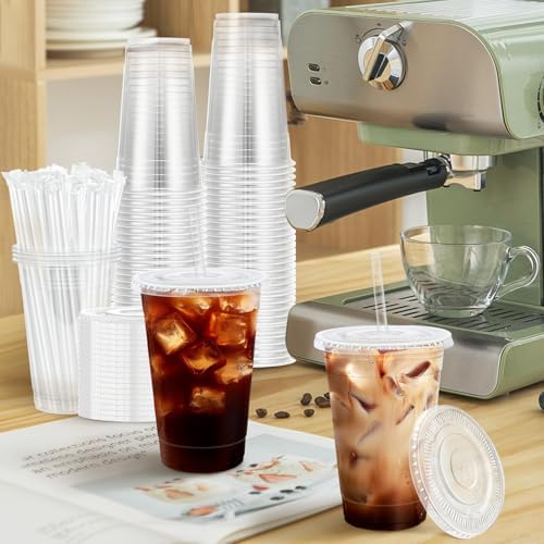 Lamosi 300 Pack 16 oz Plastic Coffee Cups with Lids, Disposable Clear Cups