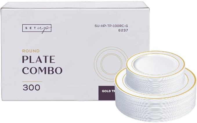 SETUP Case of 300 White Gold Rimmed Plastic Plates - Premium Heavy-Duty Disposable Plates for Wedding and Party, 150 10.25" Dinner and 150 7.5" Salad Plates