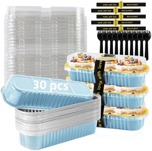 Mini Loaf Pans with Lids and Spoons Sealing Sticker,6.8oz Cake Pans for Baking Disposable Aluminum Foil Pink/Red cake pan (30, Sky Blue)