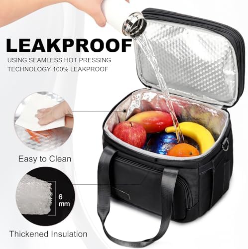MAPLELILY Lunch Box for Men Women - Double Deck Insulated Lunch Bag, Large Leak Proof Tote Cooler, Wide Open Dual Compartment Lunch Bags with Shoulder Strap, For Work Picnic Hiking Beach, Black
