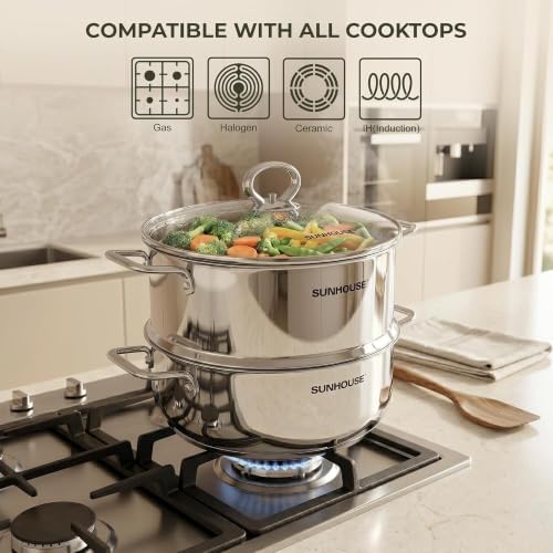 Sunhouse: 2-Tier Stainless Steel Steamer Pots - Extra Deep - 5.5qt Steam Basket & 3.5qt Stockpot, Tempered Glass Lid, 3-Ply Base, Dishwasher-Oven Safe