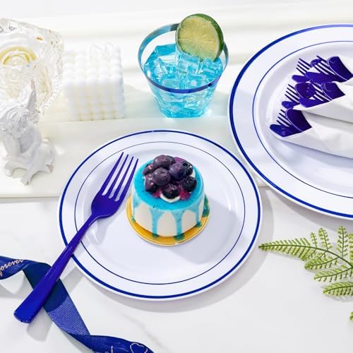WELLIFE 350 Pieces Blue Plastic Plates - Disposable Silverware and Cups, Include: 50 Dinner Plates 10.25”, 50 Dessert Plates 7.5”, 50 Blue Cups 9 OZ, 50 Plastic Cutlery