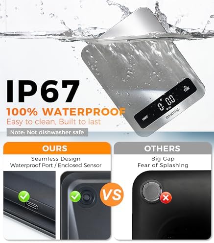 Waterproof Food Scale, 22lb Kitchen Scale, IP67, Rechargeable, Grey