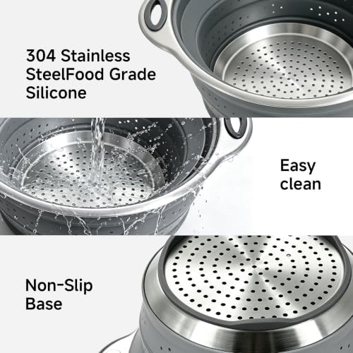 Mejoncb Collapsible Colander – Platinum Silicone Strainer with Stainless Steel Base, BPA-Free & Heat Resistant Kitchen Drain Basket (Gery)