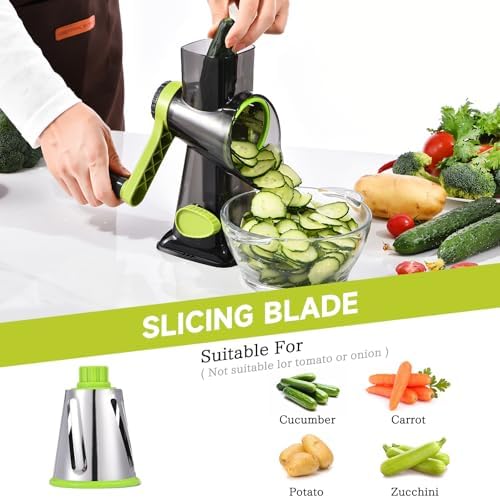 Rotary Cheese Grater with Handle Kitchen Shredder Slicer Grater Slicer Ice Shaver Cheese Vegetable Nuts Potato Zucchini Chocolate 3 Interchangeable Blades (Green TSP)