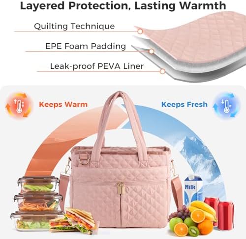 Large Lunch Box for Women, Insulated Lunch Bag for Work, Pink