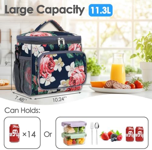 FlowFly Insulated Reusable Lunch Bag Adult Large Lunch Box for Women and Men with Adjustable Shoulder Strap,Front Zipper Pocket and Dual Large Mesh Side Pockets,Peony