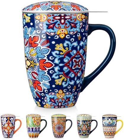 vancasso Ceramic Tea Mug with Infuser and Lid, 18 Ounce Bohemian Loose Leaf Cup, Microwave & Dishwasher Safe, Perfect for Tea, Coffee, Royal-Crimson Flourish