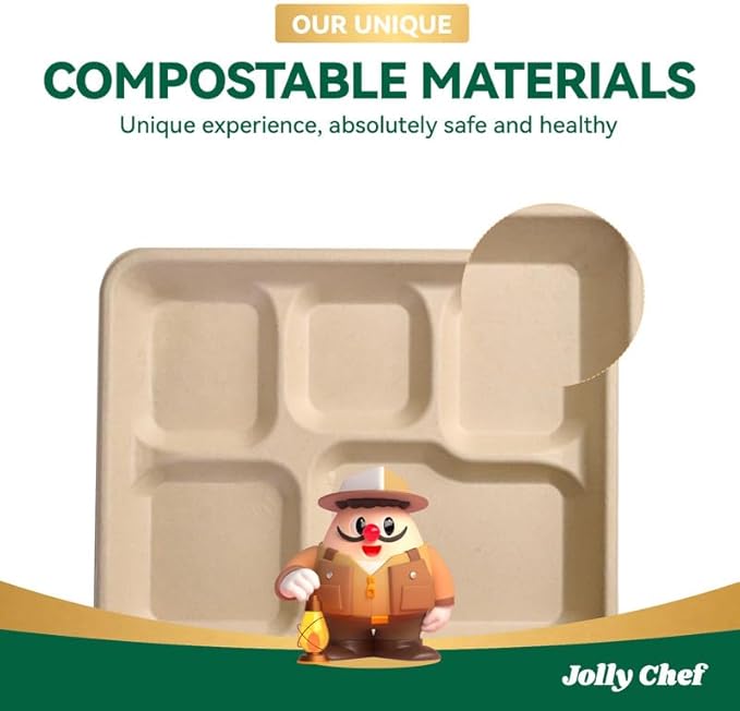 JOLLY CHEF Small Compostable 5 Compartment Paper Plates 10 * 8.25 * 1 inch 125 Pack Disposable Eco-Friendly Biodegradable Food Trays for Primary and Secondary School Students’ Lunch (Brown)
