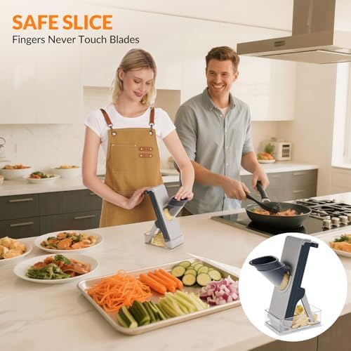FEICO Safe Mandoline Slicer for Kitchen, Adjustable 0.5–8 mm, Stainless-Steel Blades, Anti-Slip, Dishwasher-Safe Handheld Mandoline Slicer, Compact Mandoline Food Slicer