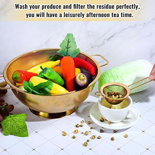 Norme 5 Quart Gold Colander and 3 Metal Fine Mesh Strainer Set