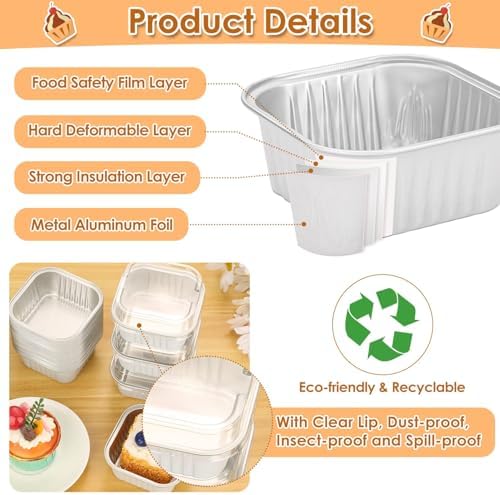 selizo 60 Pack 5oz Mini Square Disposable Cake Pans with Lids, Aluminum Foil Baking Cups, Individual Cake Containers with Lids for Parties and Gatherings
