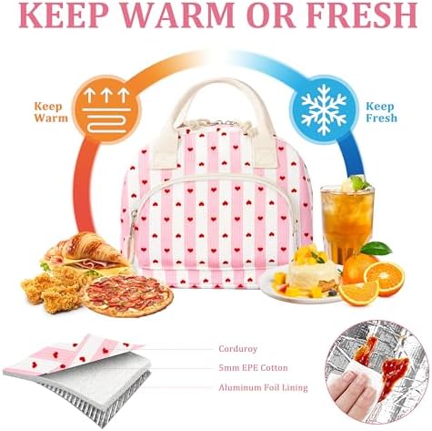 TESAFNG Lunch Bag - Insulated Lunch Box for Women, Reusable Large Capacity Cooler Bag for Adult, Small Leakproof Cute Corduroy Lunch Tote for Work Office Travel Picnic (Striped Pink Heart)