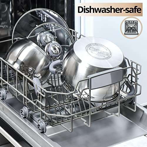 Daniks Modern 4 Quart Stainless Steel Stock Pot with Glass Lid, Tri-Ply Bottom for Even Heating, Induction Compatible, Dishwasher Safe, Heatproof Handles