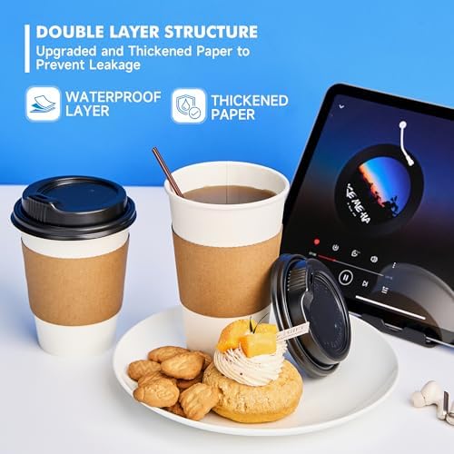 RACETOP 16 oz Paper Coffee Cups with Lids, Sleeves and Stirrers, 100 Pack