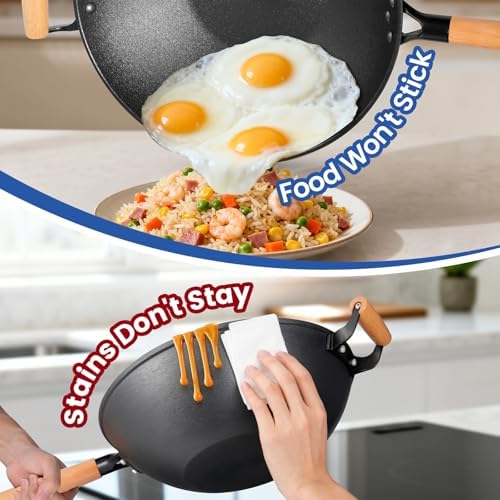 AOSION 13'' Nonstick Wok, Cast Iron Wok with Lid, Wok Pan & Stir-Fry Pans