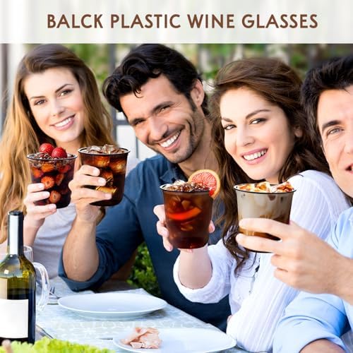 KesaPlan 100 Pcs 12oz Plastic Black Cups, Disposable Wine Cocktail Glasses