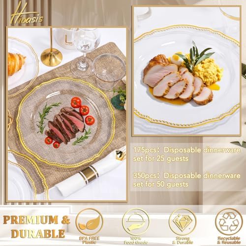 Hioasis 175 Pcs Clear Gold Plastic Plates Wedding & Party
