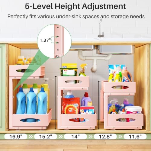 2 Pack Under Sink Organizer, 2 Tier Pull out Cabinet Organizer Mesh Baskets with 5 Adjustable Heights, Sliding Drawers Storage Shelf for Home, Kitchen, Bathroom, Pantry, Office, Countertop ,Pink