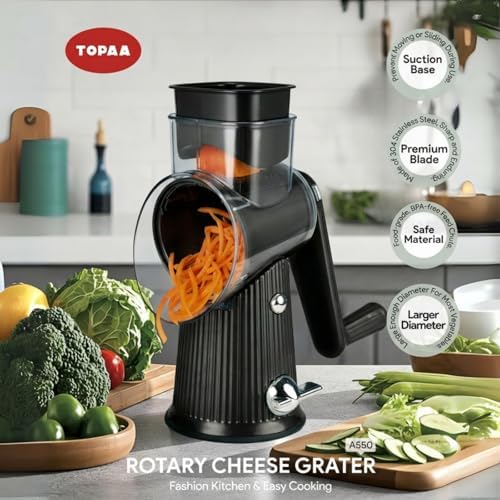 Rotary Cheese Grater with Handle - Vegetable Shredder with 5 Blades & Strong Suction Base, Round Slicer & Food Chopper for Kitchen (Black)