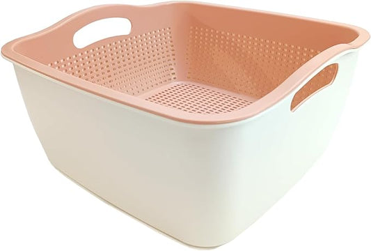Kitchen Colander Drain Basin 2 in 1 Plastic Basket Strainer Bowl with Handle (white/pink)