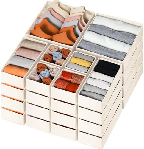 Criusia Drawer Organizer Clothes, 24 Pack Dresser Organizer Bins for Nursery Bedroom, Closet Organization and Storage Dividers for Clothing, Baby Clothes, Underwears, Socks (Beige)