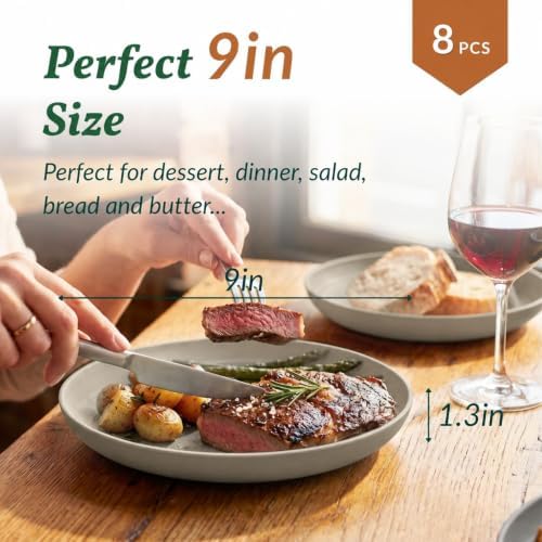 Homienly Deep Dinner Plates Set of 8 Alternative for Plastic Plates Microwave and Dishwasher Safe Wheat Straw Plates for Kitchen, Camping Unbreakable Lightweight Round Plate Set (Grey, 9 inch)