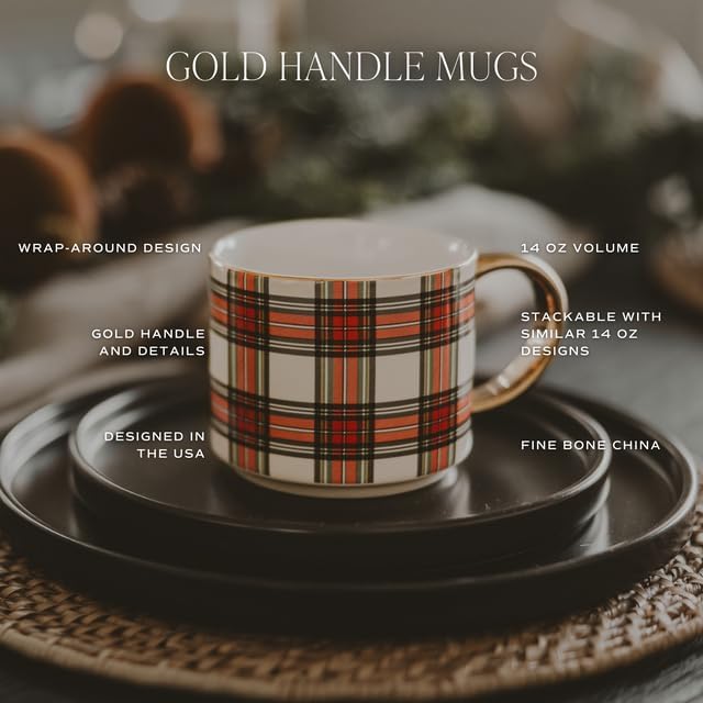Sweet Water Decor Green Plaid Coffee Mug, 14oz China Christmas Mug with Gold Handle, Large Holiday Winter Cup for Coffee, Tea & Hot Chocolate, Stocking Stuffer Gifts for Women