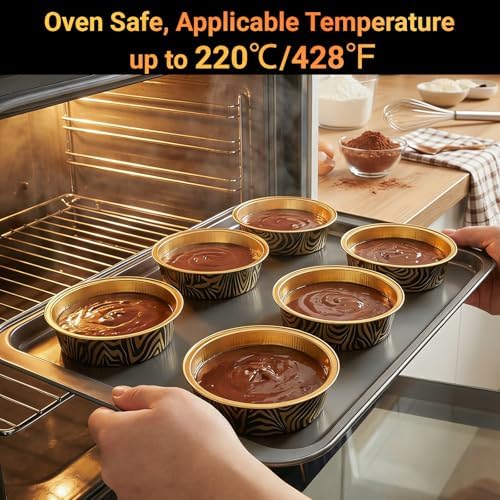 Beasea Aluminum Foil Ramekins, 100 Pack 7.3oz 215ml Disposable Baking Pie Cups Only, 4 Inch Mini Ramekin No Lids Tart Tin Mold Cupcake Baking Cups for Party - Tiger Stripes