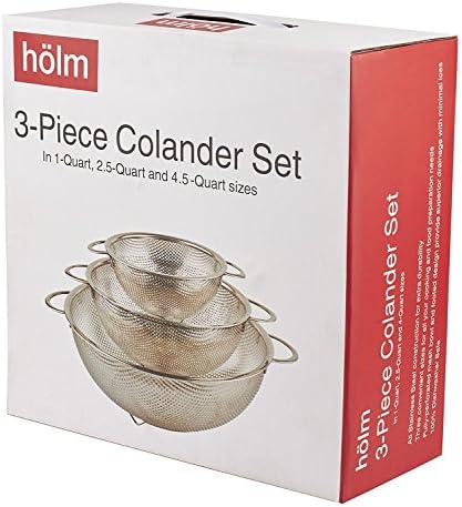 3-Piece Stainless Steel Mesh Micro-Perforated Strainer Colander Set (1-Quart, 2.5-Quart and 4.5-Quart)