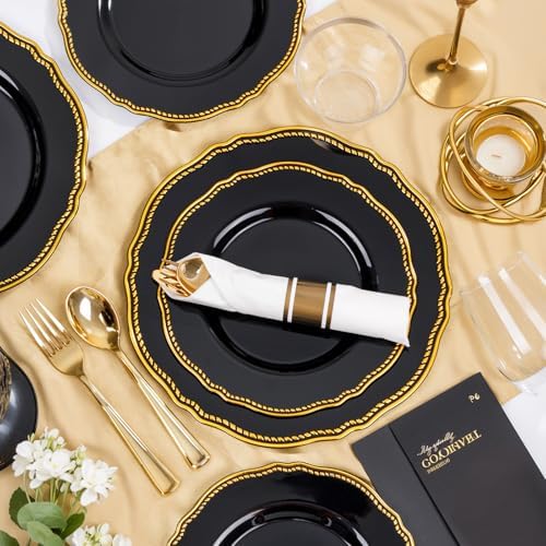 Hioasis 175 Pcs Black and Gold Plastic Plates Wedding & Party