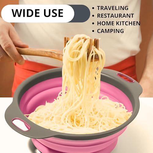 Pink Round Silicone Colander Collapsible – Foldable Kitchen Strainer Small Collapsible Colander Pink with Plastic Handles for Draining Vegetable and Fruit Round Silicone Kitchen Strainer for Pasta