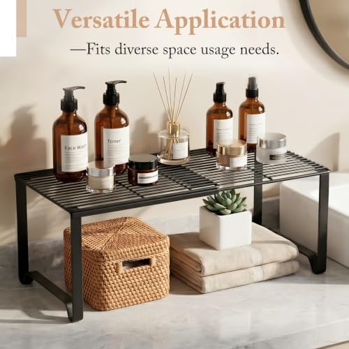 Extendable Metal Wire Shelf Organizer - Adjustable 15-24.4in Length, Stackable Storage Rack for Kitchen/Pantry/Bathroom/Shoe Cabinet/Tool Closet (4,Black)
