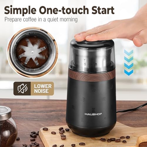 HAUSHOF Electric Coffee Grinder, One Touch Coffee Bean and Spice Grinder