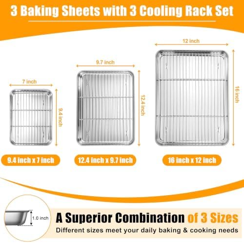 Homikit Baking Sheet with Wire Rack Set (3 Pans + 3 Racks), 16/12/9 Inches