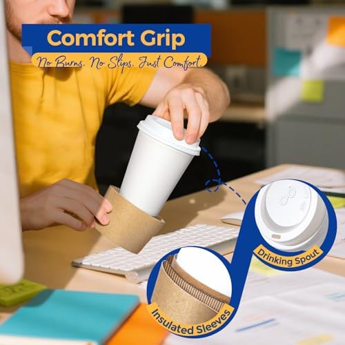 Fit Meal Prep 100 Pack 12 oz Disposable Coffee Cups with Lids, Sleeves, Leak-Proof To Go Coffee Cups with Lids, Durable Hot Paper Cups for Hot Cocoa and Coffee Bar Supplies