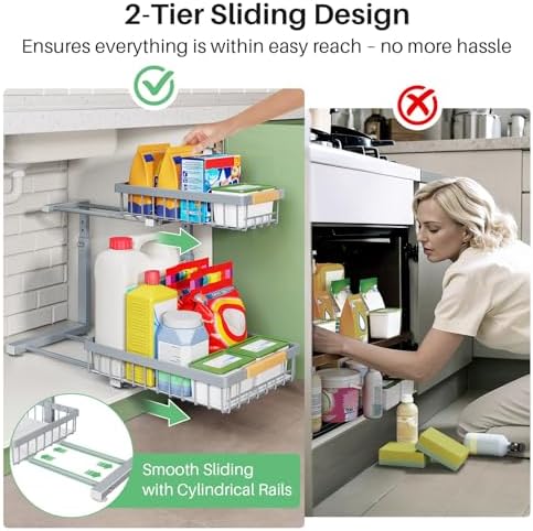 Kitstorack Under Sink Organizer, 2 Tier Under the Sink Storage, Slide out Pull out Cabinet Organizer Shelf, Metal Sliding Drawer for Kitchen Bathroom Pantry Closet Organization Rack, Grey, 1 Pack