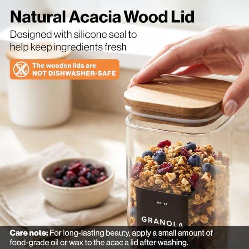 Glass Pantry Storage Jars Containers with Acacia Lids and Labels - Set of 5