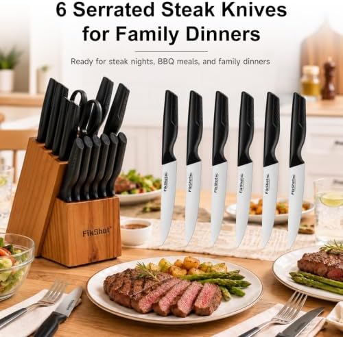 FikShot 15-Piece Kitchen Knife Set with Block & Built-In Sharpener
